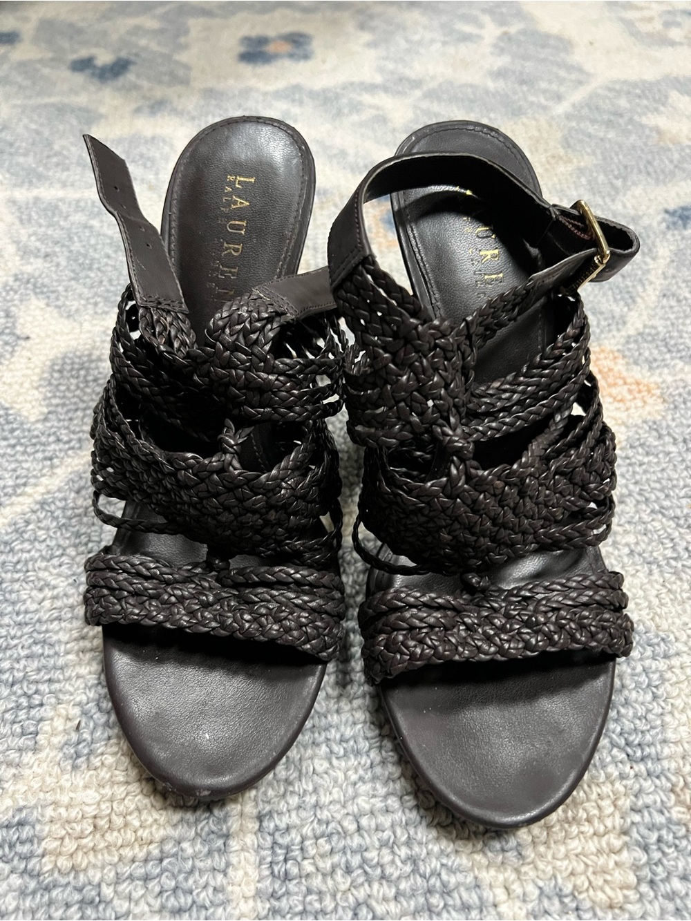 Lauren Ralph Lauren Black Braided Leather Heeled Sandals